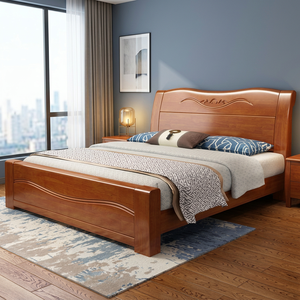 Classic Solid Wood Modern Platform <b>Bed</b> Frame King & <b>Queen</b> <b>Size</b> Bedroom Furniture with Carved Headboard for Home Hotel Villa - Product Image 3