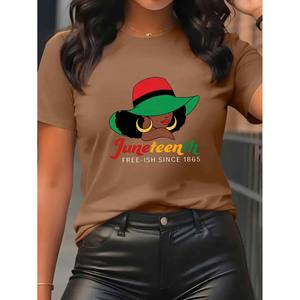 T-shirt pour <span class=keywords><strong>femme</strong></span> en tricot respirant et élastique, personnalisé avec logo imprimé, style décontracté, JUNETEENTH FREE - Product Image 5