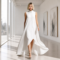 Robe longue en lin sans manches à col montant pour femme, avec demi-fermeture éclair sur le devant, ourlet irrégulier à fente haute, coupe droite, décontractée, écologique, été