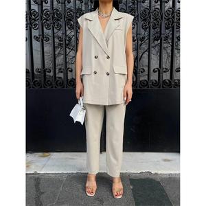Conjunto de Chaleco Largo y Pantalón a Rayas Beige, Conjuntos de Traje para Mujer de Polviscon - Product Image 2