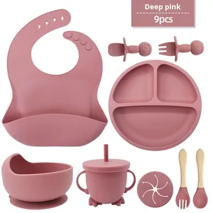Ensemble de vaisselle en silicone sans BPA, 9 pièces, design enfantin, bavoir pour bébés et enfants de <span class=keywords><strong>6</strong></span> mois et plus - Product Image 1