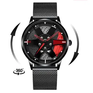 Girar 360 grados Car Hub Wheel Watch Hombres Relojes de cuarzo Deportes Impermeable Car Classic Watch Men Fashion Reloj