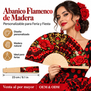 Abanico de Madera Flamenco Rojo Rosa Negro 23 cm Cerrado Hecho a Mano Abanicos de Madera Fiesta Española Flamenca Recuerdo Personalizado - Product Image 1