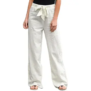 seamless casual wholesale cotton summer 100% linen wide leg linen pants for women