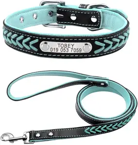 Leather custom collar, woven leather carving fashion dog collar and leash and personalized nameplate