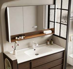 Armoire de salle de bain murale en bois personnalisée avec un lavabo simple, un miroir LED, une étagère ouverte et des tiroirs de rangement pour la salle de bain à domicile - Product Image 3