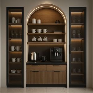 Conception de cuisine modulaire moderne gris mat avec accents en bois, rangement, éclairage doux et disposition compacte élégante - Product Image 4