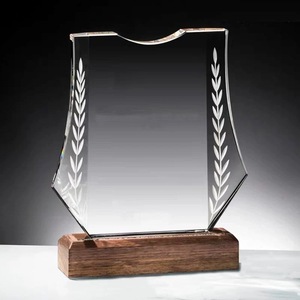 Crystal Manufacturer Company Shield Design Trophies Awards Wooden Base Crystal Glass Trophy Wood Award Plaques <strong>Custom</strong> - Product Image 2