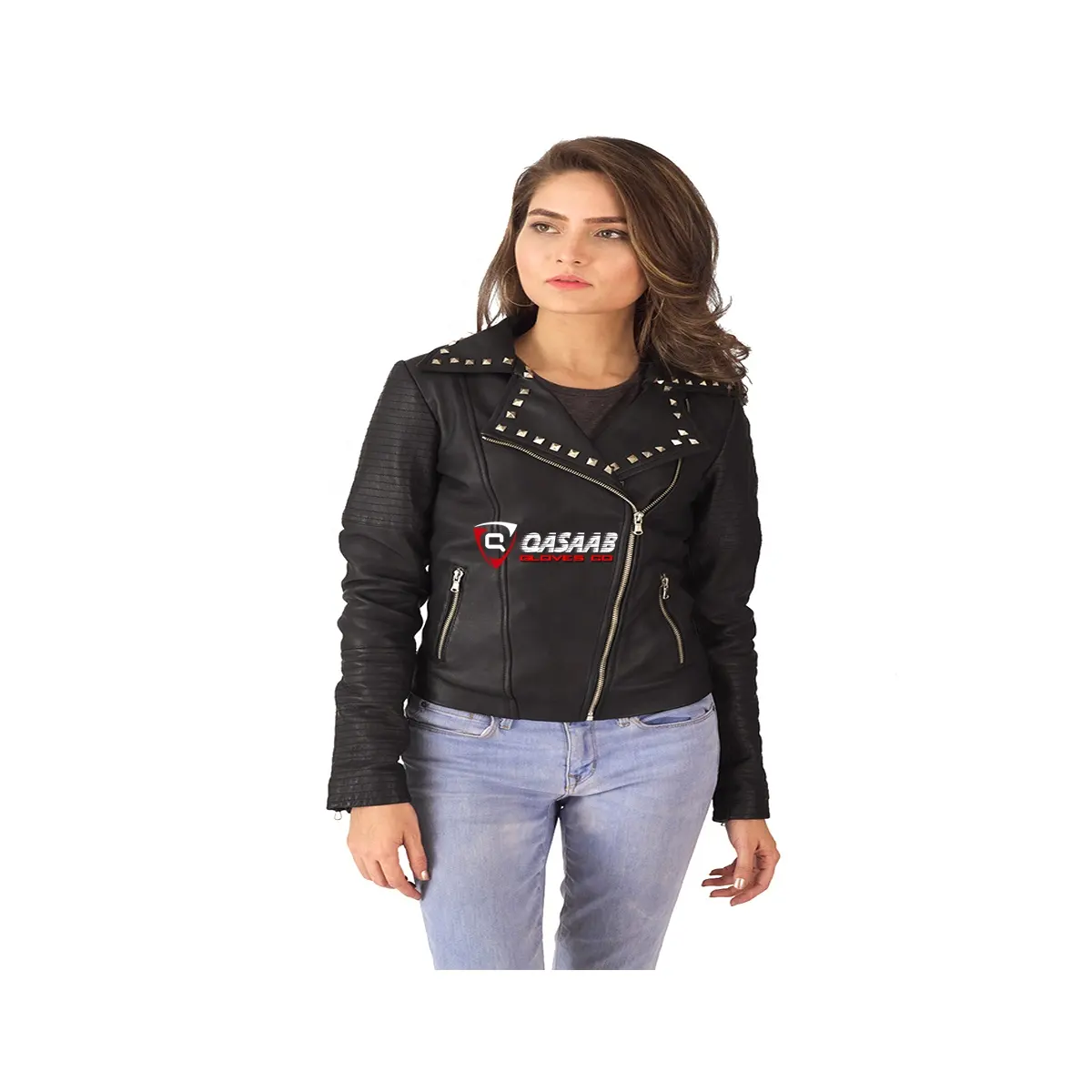 Women-Studded Breathable Outerwear-Slimmed-fit Custom-Color Longed-Zippers Black Fashion Leather Jacket With Custom-Color