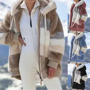 2023冬季女式夹克时尚毛绒拼接拉链口袋连帽夹克复古宽松长袖加大码女式上衣