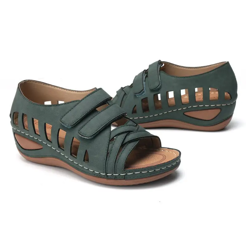 Plus Size Summer Casual Vintage Wedge Platform Sewn Leather Slip-On Ladies Sandals