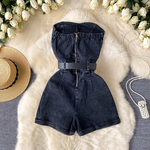 Mono vaquero sin tirantes para mujer con puntos de diamantes de imitación y cinturón, estilo pantalón corto de cintura alta, conjunto de una pieza a la moda de verano - Product Image 2