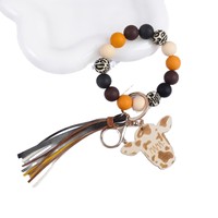 Perles en bois multicolores léopard avec pendentif tête de vache Highland, bracelet porte-clés