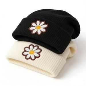 Fashion White Knitted Hat Lovely Small Daisy Embroidery Soft Warm Skullies Trendy <b>Winter</b> <b>Caps</b> Beanies - Product Image 4