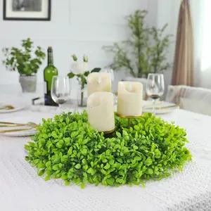 Plastic Greenery Artificial Green Grass Circle Fake Artificial Plants Leaves Wreath For Home Office Wedding Decor