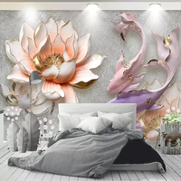 Papier peint mural 3D de luxe personnalisé avec photo, motif Lotus Poisson en relief stéréo, grande peinture murale moderne pour salon, autocollant mural à décoller et à coller