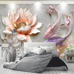 <span class=keywords><strong>Papier</strong></span> <span class=keywords><strong>peint</strong></span> mural 3D de luxe personnalisé avec photo, motif Lotus Poisson en relief stéréo, grande <span class=keywords><strong>peinture</strong></span> murale moderne pour salon, autocollant mural à décoller et à coller - Product Image 3