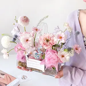 도매 꽃꽂이 상자 선물 포장을위한 높은 투명 수제 휴대용 영원한 아크릴 꽃 상자