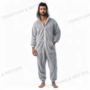 Özel kış kalın polar tulum pijama erkek tek parça ev tekstili uzun kollu kapşonlu pijama