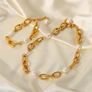 Chunky 12 mm <b>Pearl</b> Necklace Stainless Steel 18k Gold Plated Chain Bracelet Women Fashion Jewelry <b>Sets</b> - Product Image 5