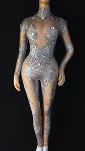 Grosir Seksi Batu Elastis dan Pakaian Stripper Kristal Pakaian Tari Tiang Penyanyi Wanita Spandex Bodysuit Bodycon Klub Jumpsuits
