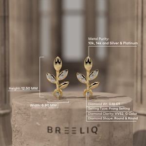 Pendientes de Oro Sólido de 14K con Diamantes de Laboratorio Redondos en Forma de Hoja, Diseño Floral Inspirado en la Naturaleza, Joyería Fina para Mujer - Product Image 5