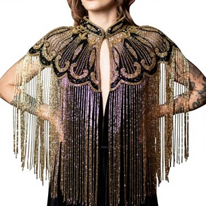 Elegant <b>Sequined</b> Polyester Burlesque Cape with Beaded Fringes and Embroidered Collar Adult Women's <b>Jacket</b> - Product Image 1