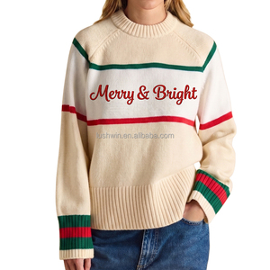 Women Christmas Knit Sweater Color Block Raglan Sleeve Oversized Crew Neck Pullover Winter Holiday <strong>Jumper</strong> - Product Image 5