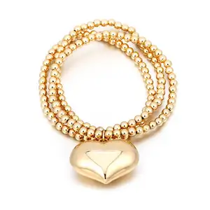 Gold Big Heart Bell Charm Beads Elastic Bracelet Women Girl Silver Fashion Jewelry Party Gifts Bracelets
