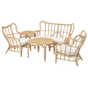 rattan sofa furniture natural Patio 5 seater rattan set wooden dining table and chair for outdoor hotel garden