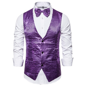 Saldi di Liquidazione Nuovi Arrivi Gilet Monopetto da Uomo con Scollo a V Senza Maniche con Paillettes Dorate per Matrimoni e Feste - Product Image 4