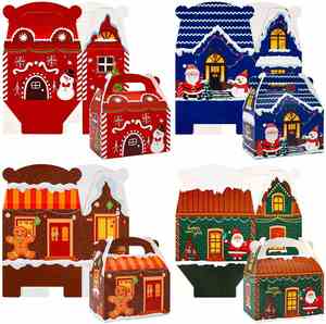 28pcs <b>Christmas</b> Cupcake Treat <b>Boxes</b> Gable Cookie Box Xmas Cardboard Box with Handle for Gift Candy 6.6 X 5.9 X 3.5 Inch 4 Style - Product Image 1