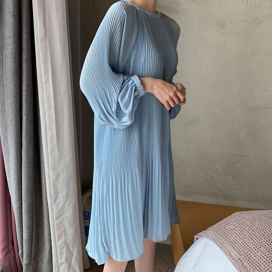 On Sale Korean Cute Chiffon Dresses Round Neck Pleated Design