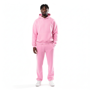 Men <b>Pink</b> Hooded <b>Sweatshirt</b> Tracksuit Set Casual Solid Pullover Hoodie with Sweatpants Two Piece - Product Image 1