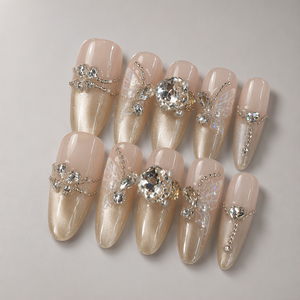 Faux ongles autocollants Champagne effet œil de chat, papillon en strass, couvrance totale, brillants, 10 pièces pour doigts - Product Image 5