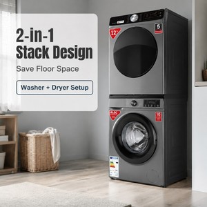 Ensemble <span class=keywords><strong>lave</strong></span>-<span class=keywords><strong>linge</strong></span> <span class=keywords><strong>séchant</strong></span> superposé 12 kg avec moteur BLDC, machine à laver séchante à chargement frontal entièrement automatique, appareil électroménager pour la lessive - Product Image 4