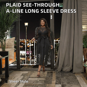 Vestido de cóctel sexy de verano para mujer, de manga larga, corte en A, a cuadros, con cuello redondo, fajas, transpirable, ecológico, lavable, de poliéster/algodón - Product Image 2