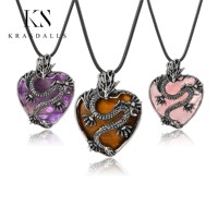 Nouveau multicolore Antique argent sculpté Dragon pendentif coeur oeil de tigre pierre précieuse coeur pierre de naissance collier à breloques pour hommes et femmes