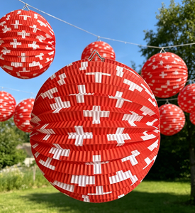 Lanternes en papier accordéon rondes EASTTERN de couleur rouge avec petite croix blanche, lanterne suisse pour décorations de festivals et de fêtes - Product Image 5