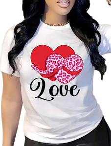 T-shirt da donna a maniche corte con scollo rotondo, stampa cuore leopardato rosa, top casual per tutte le stagioni, regalo di San Valentino, lavabile in lavatrice, 100% - Product Image 1