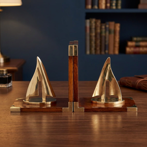 Wooden Bookends with Brass Sailboat Design Decorative Desk <b>Book</b> Holder Stand Luxury Nautical Bookends for Home Office <b>Library</b> - Product Image 5