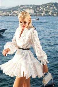 Bettergirl estate da donna elegante alla moda abito con collo alto a sbuffo <span class=keywords><strong>nero</strong></span> <span class=keywords><strong>bianco</strong></span> con ritaglio abito corto con cintura - Product Image 2