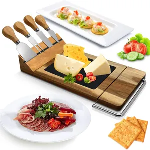 E-PIN Acacia Wood Cheese cutting Board with slate Charcuterie Board Cheese Serving Platter with 4 Cheese Knives