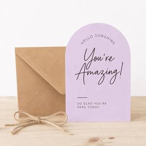 Biglietti di incoraggiamento a forma di arco 'Hello Sunshine <span class=keywords><strong>You</strong></span>'re Amazing' color lavanda con messaggio positivo e busta, vendita all'ingrosso - Product Image 5