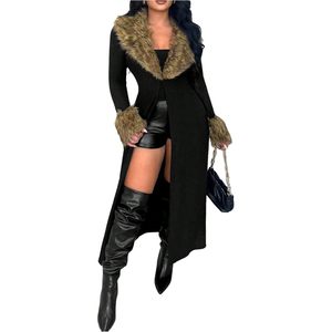 Cardigan long ouvert sur le devant pour femme avec bordure en fourrure – Manteau chaud décontracté pour l'automne et l'hiver - Product Image 2