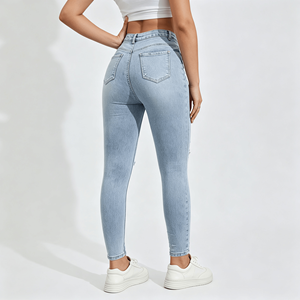 <span class=keywords><strong>Jeans</strong></span> ajustados <span class=keywords><strong>rotos</strong></span> de cintura alta para mujer, <span class=keywords><strong>jeans</strong></span> ajustados azules de diseñador, <span class=keywords><strong>jeans</strong></span> de mezclilla de algodón para mujer, moda urbana - Product Image 1