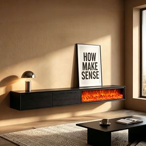 Mobile TV da Parete con Caminetto 3D in Legno Massello, Fiamme Simulate, Inserto Decorativo con Fiamme Finte, Finitura Nera Effetto Legno - Product Image 1