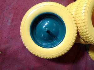 Rueda de Espuma de Poliuretano Azul y Amarilla de 14 Pulgadas, Resistente, con Llanta de Acero y <span class=keywords><strong>Eje</strong></span> Largo para Carretillas, Carros de Mano y Troleys, Buen Precio - Product Image 5