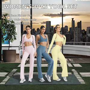 Ensemble de sport 3 pièces respirant pour femme en Spandex/Nylon : Haut à manches longues, soutien-gorge de sport et pantalon évasé à taille élastique pour activités de plein air - Product Image 2