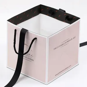 Custom Logo Printing Luxury Square Pink Fashion Shopping Retail Gift Paper Bags With Ribbon Handle